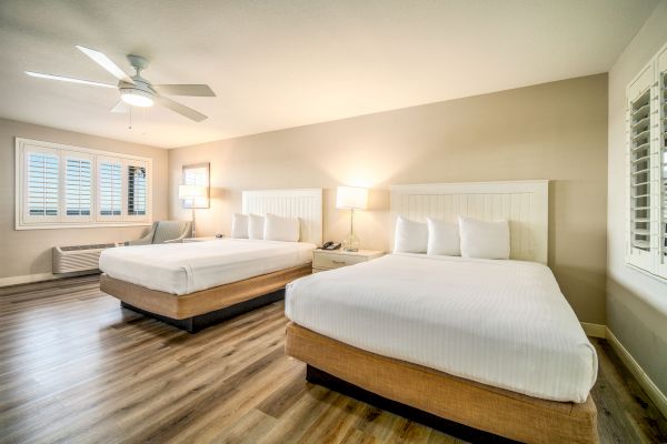 The image shows a hotel room with two beds, a ceiling fan, and wooden flooring. The decor is minimalist with neutral colors and modern furnishings.