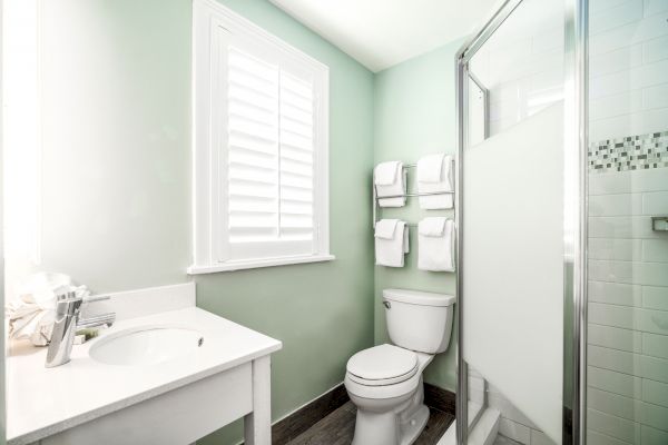 A bathroom features a sink with toiletries, a toilet, a shower with glass doors, and neatly arranged towels on a rack, all against light green walls.